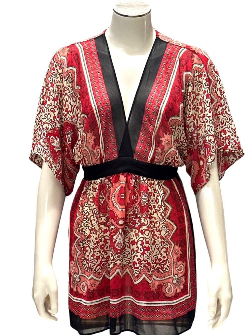 Forever 21 Size S Red Black Paisley Empire Waist Tunic Top Boho Festival Romance - Picture 2 of 13